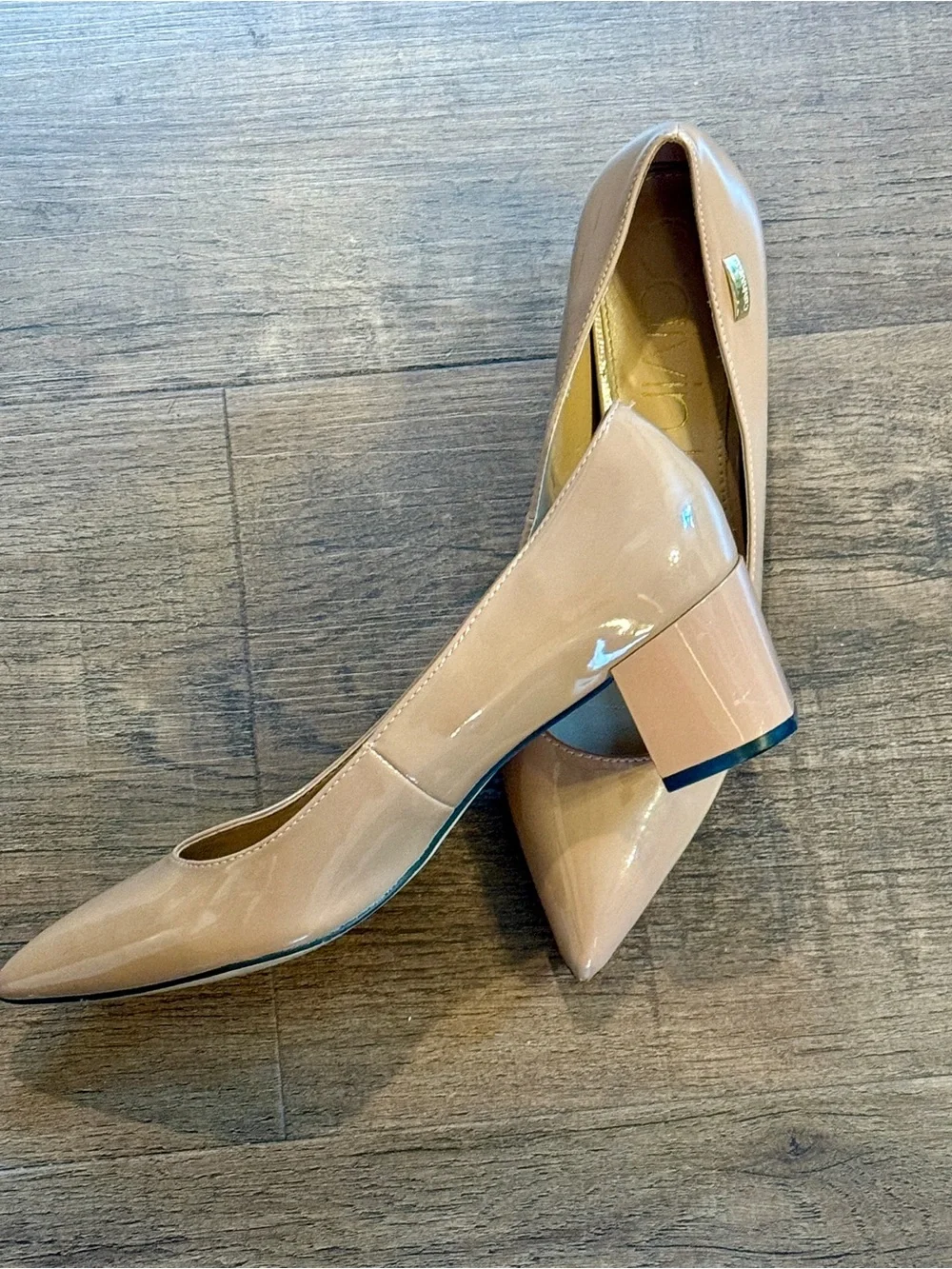 Calvin Klein Nude Patent-Finish Block Heel Pumps – Size 9